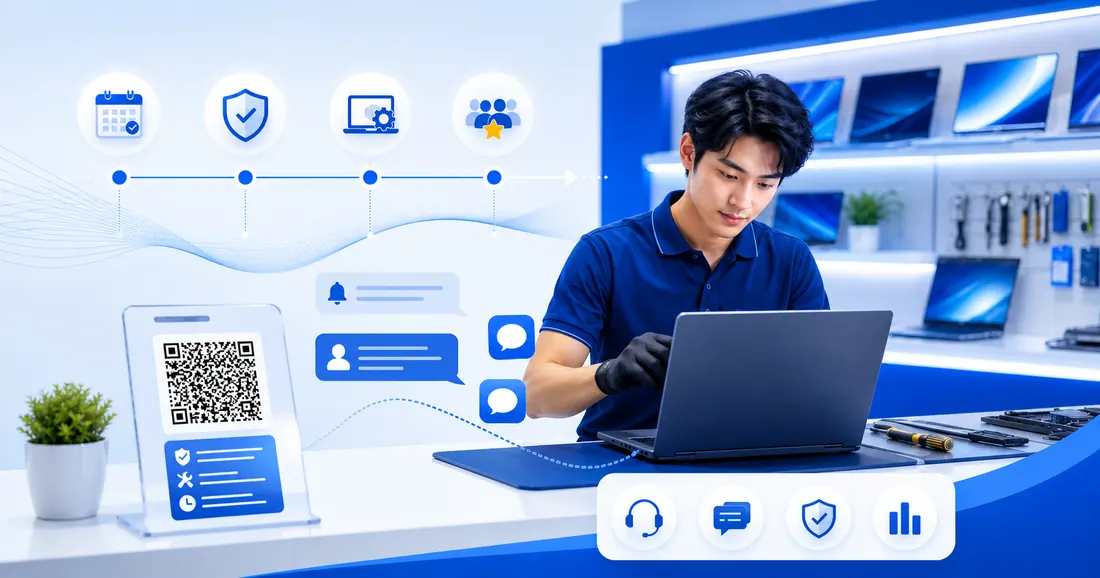 Nhân viên cửa hàng điện thoại tra cứu IMEI trên máy tính sau khi số hóa quy trình bảo hành