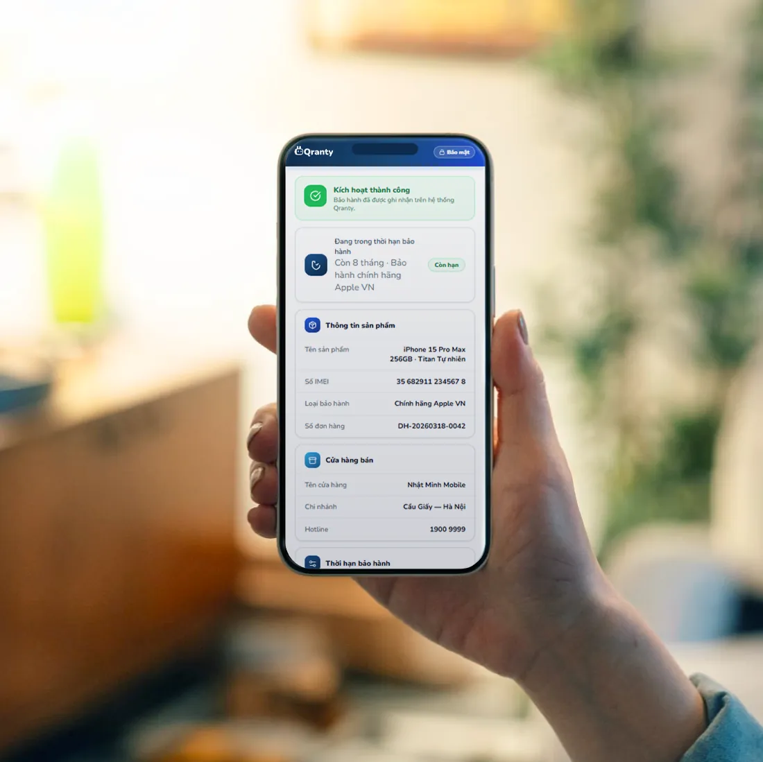 Mã QR bảo hành gắn trên sản phẩm bán tại cửa hàng